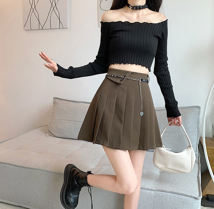 Plus Size Brown Black Gray High Waist Pleated Skirt