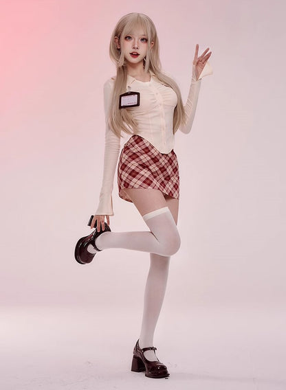 Serendipity Fall Beige Office Lady Long Sleeve T-Shirt & Red Plaid Mini Skirt Two Piece Set