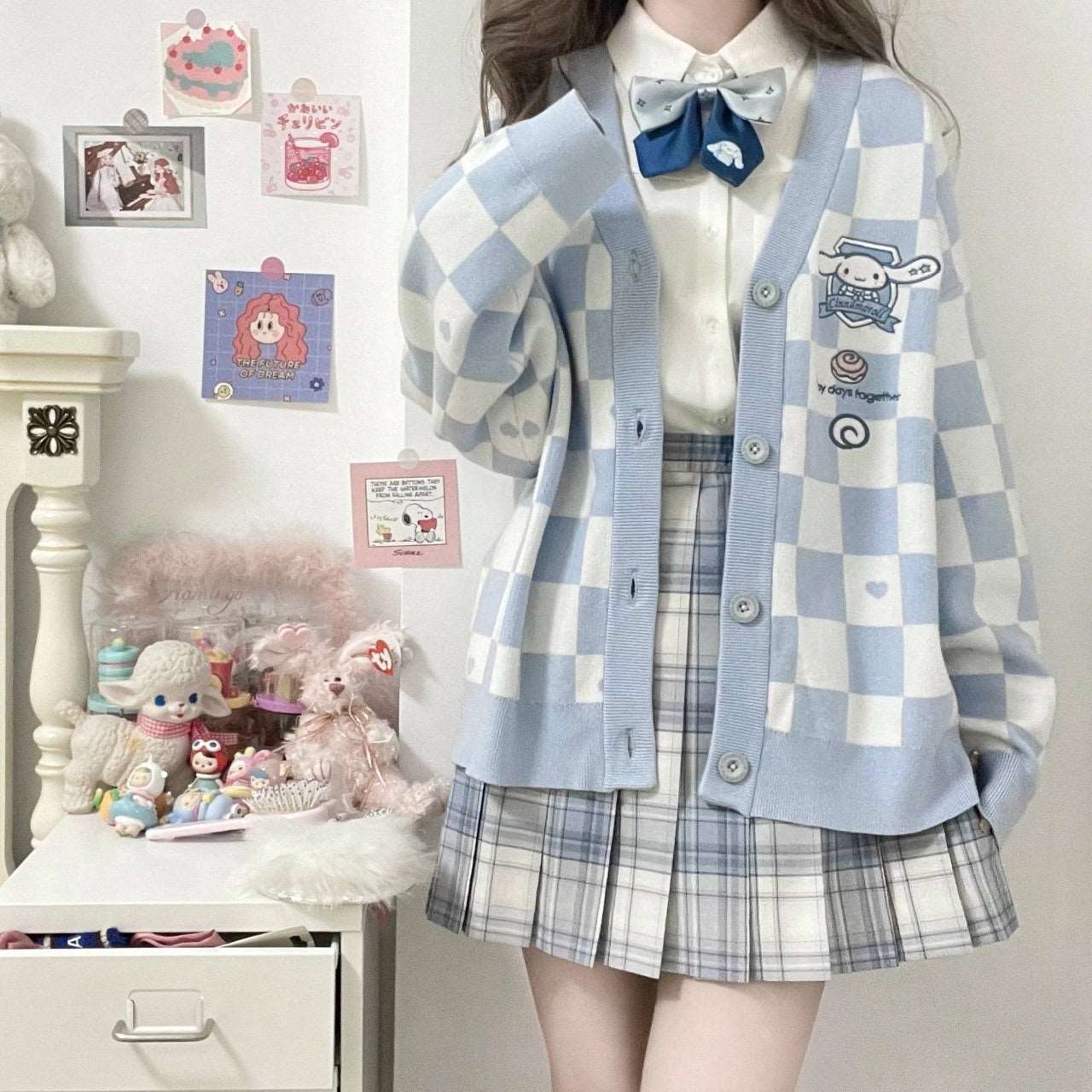 Cute Japanese Student School Uniform Knitted Cartoon Checkerboard Pattern Soft Girl Aesthetics Sweaters Cardigan