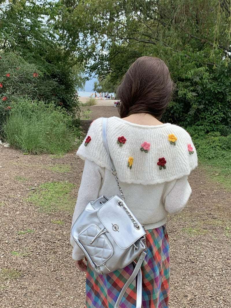 Autumn 3D Flower Cottagcore Vintage Embroidery Knit White Pink Sweater