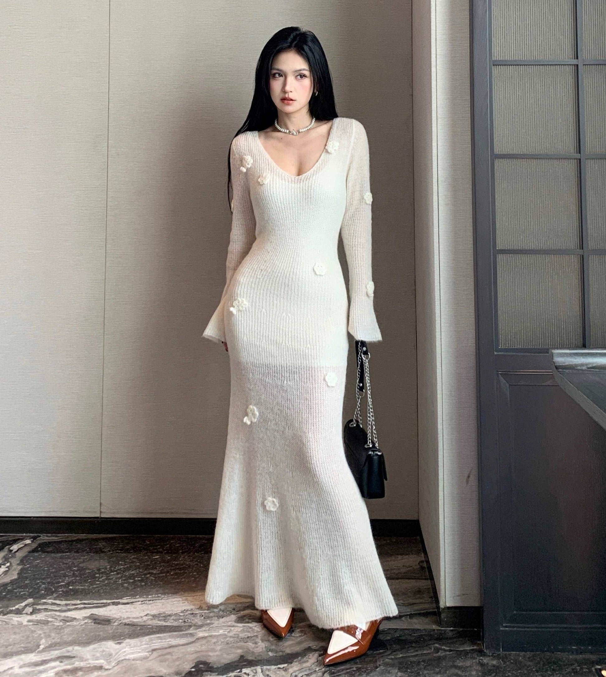 Classic Elegant Chic Autumn Fall 3D Flower Knitted Long Skirt Fishtail White Dress