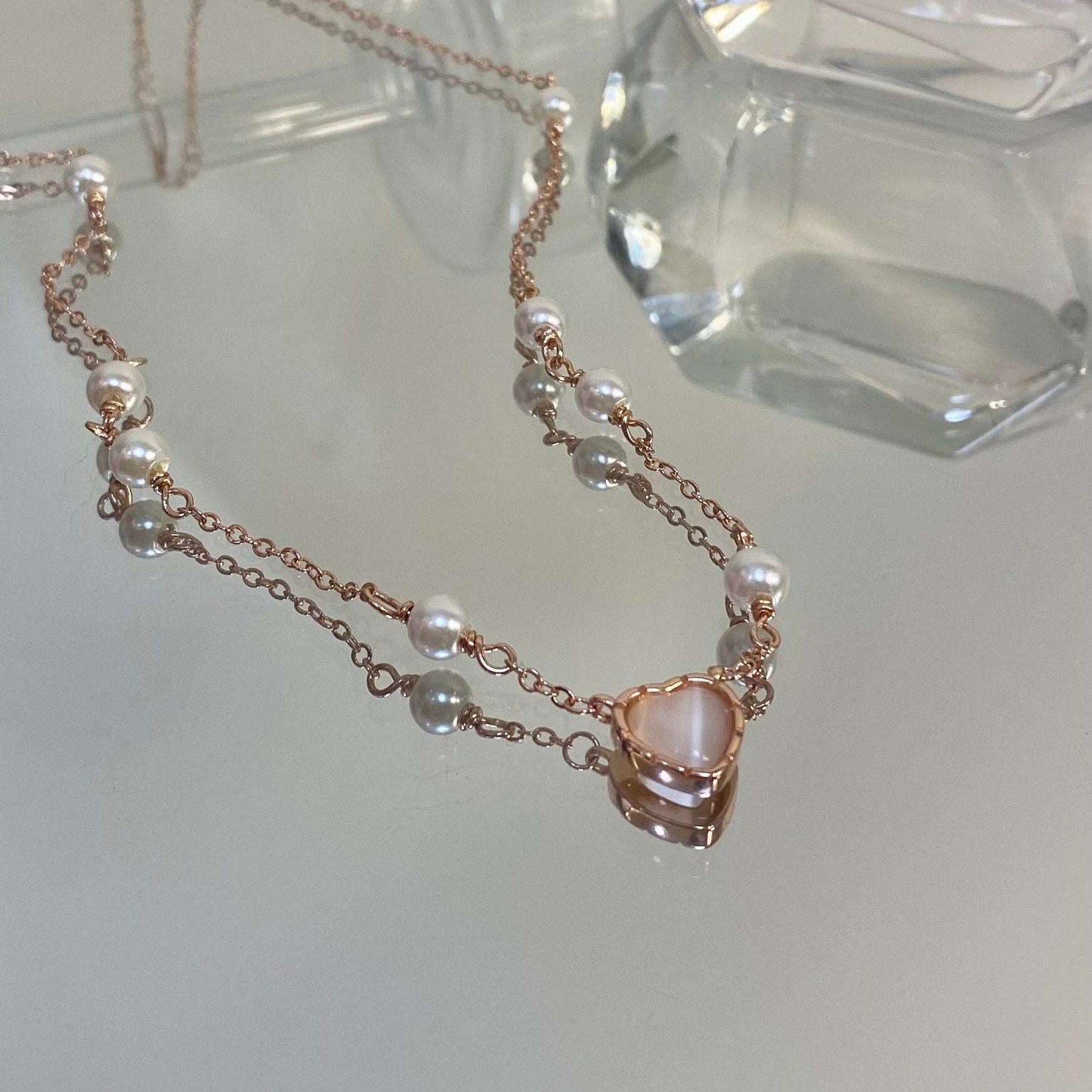 Delicate Princess Pink Heart Pearl Pendant Necklace