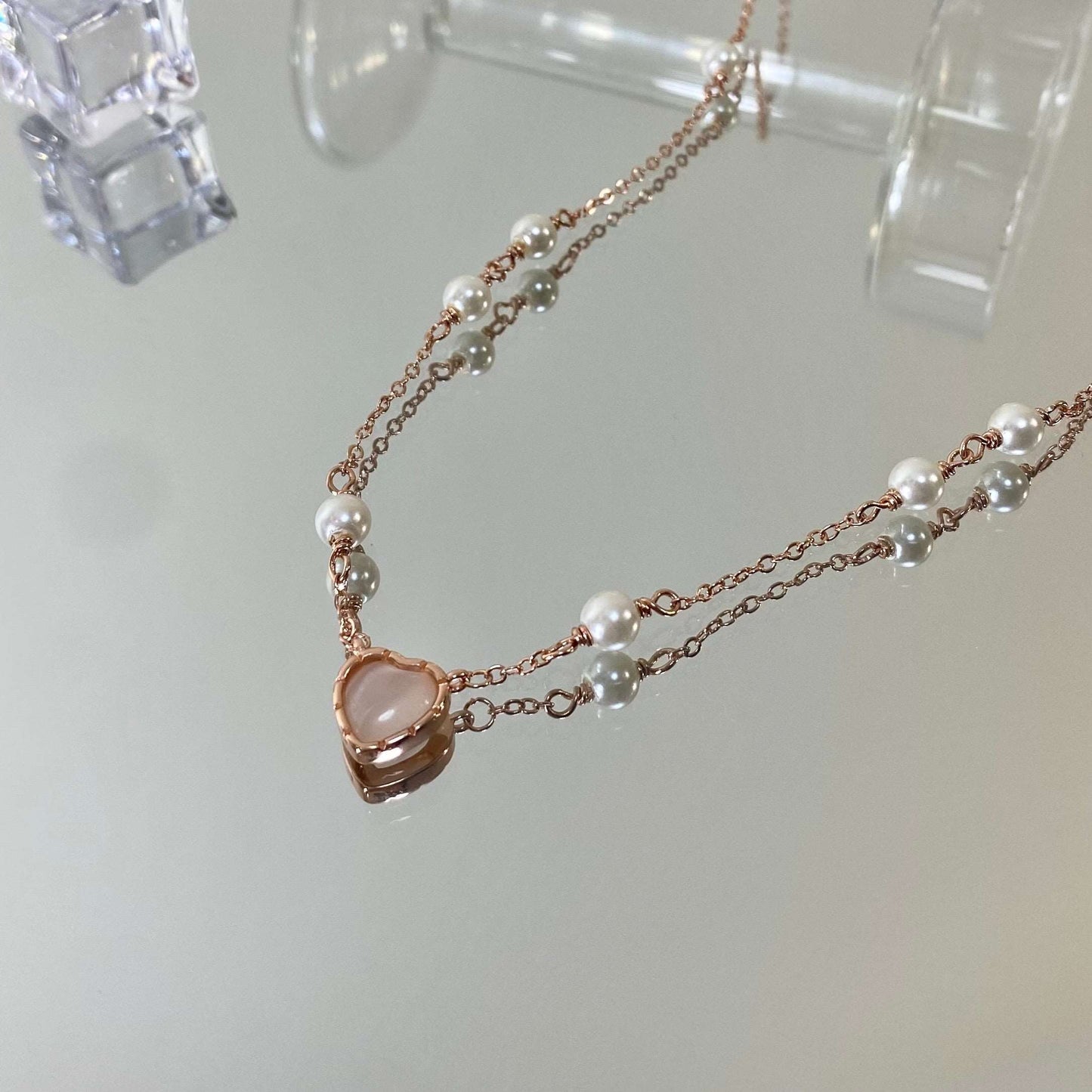 Delicate Princess Pink Heart Pearl Pendant Necklace