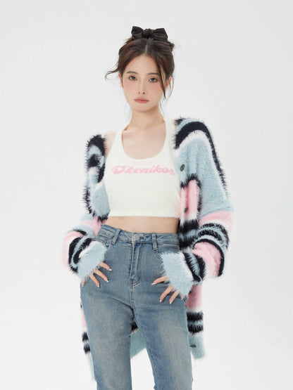 Chic Modern Sexy Girl Ice Cream Blue Pink Black Stripe Fluffy Cardigan & White Tank Tops Two Piece