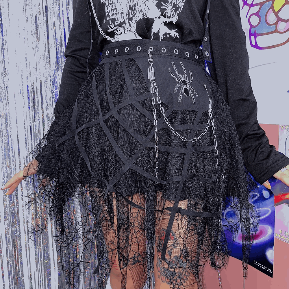 Black Punk Rock Gothic Girl Spider Silver Chain Lace Cool Chic Women Short Skirt