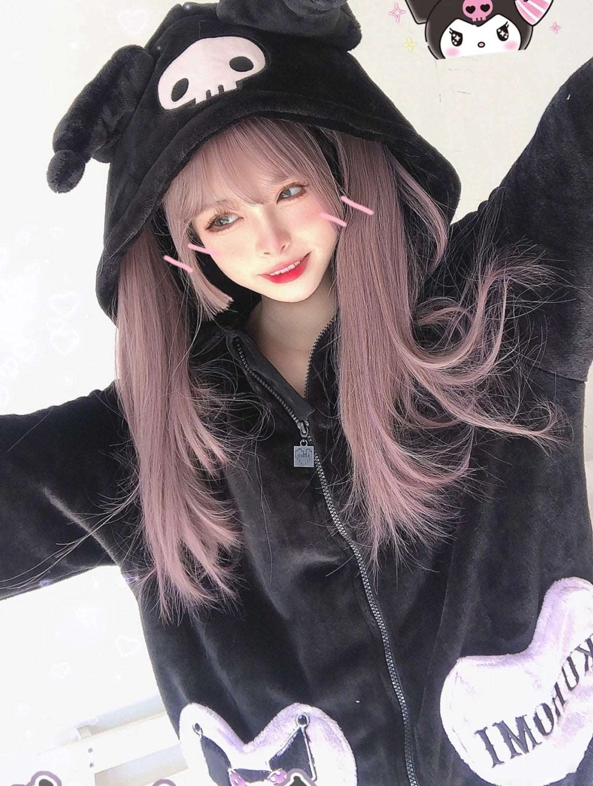 Black Purple Devil Cartoon Plush Flannel Winter Pajamas Hoodie Top & Pants Two Piece