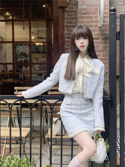 Autumn Winter Modern Pastel Blue & White Checkerboard Suit Jacket Coat and Skirt Two Piece Set