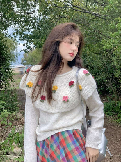 Autumn 3D Flower Cottagcore Vintage Embroidery Knitted White Pink Sweater