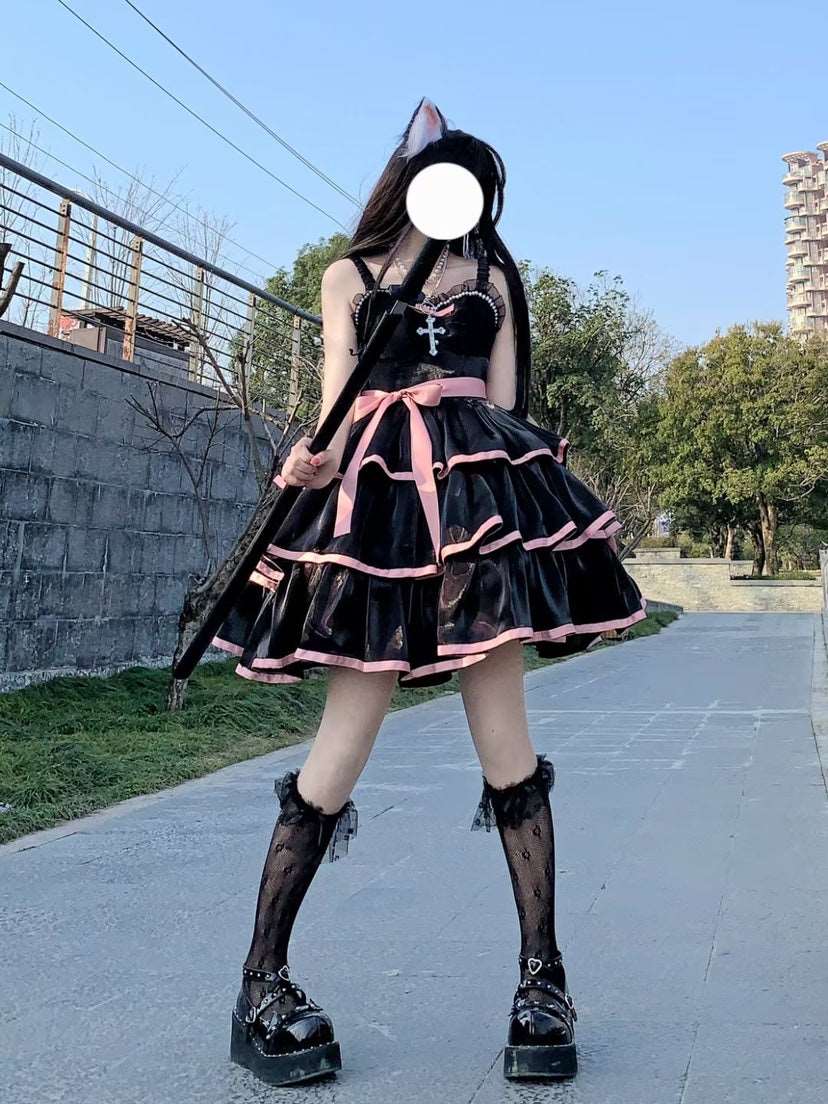 Black Pink White Sweet Lace Layered Cake Strap Dress