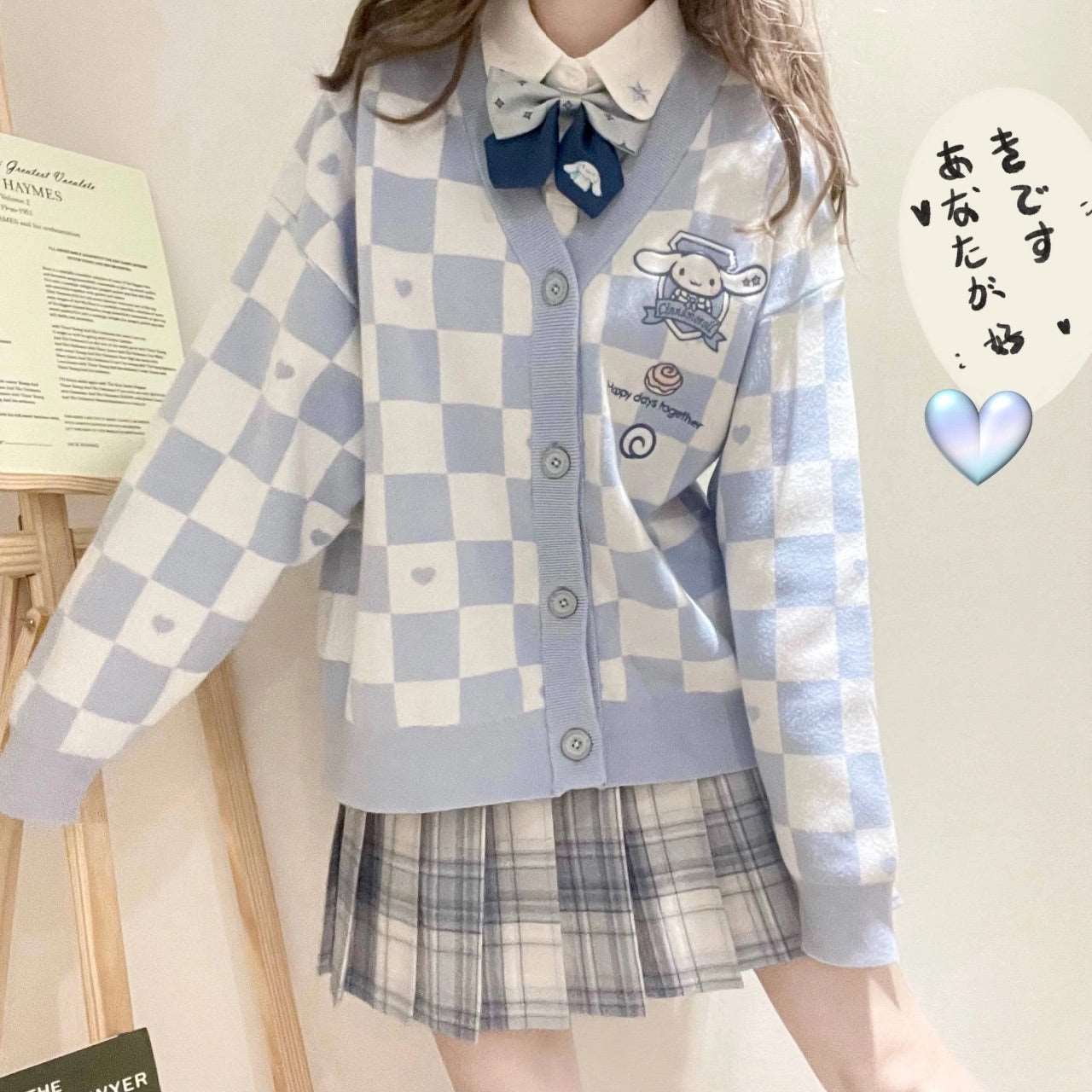 Colorful Knit Cartoon Checkerboard Pattern Cardigan