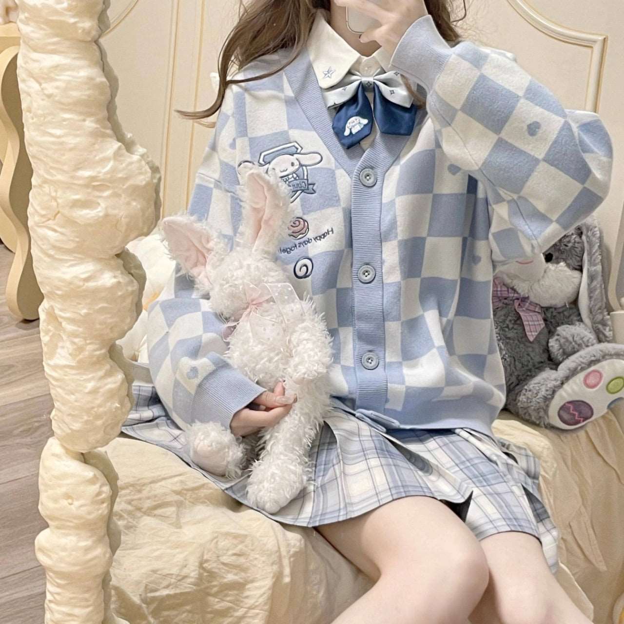 Cute Japanese Student School Uniform Knitted Cartoon Checkerboard Pattern Soft Girl Aesthetics Sweaters Cardigan