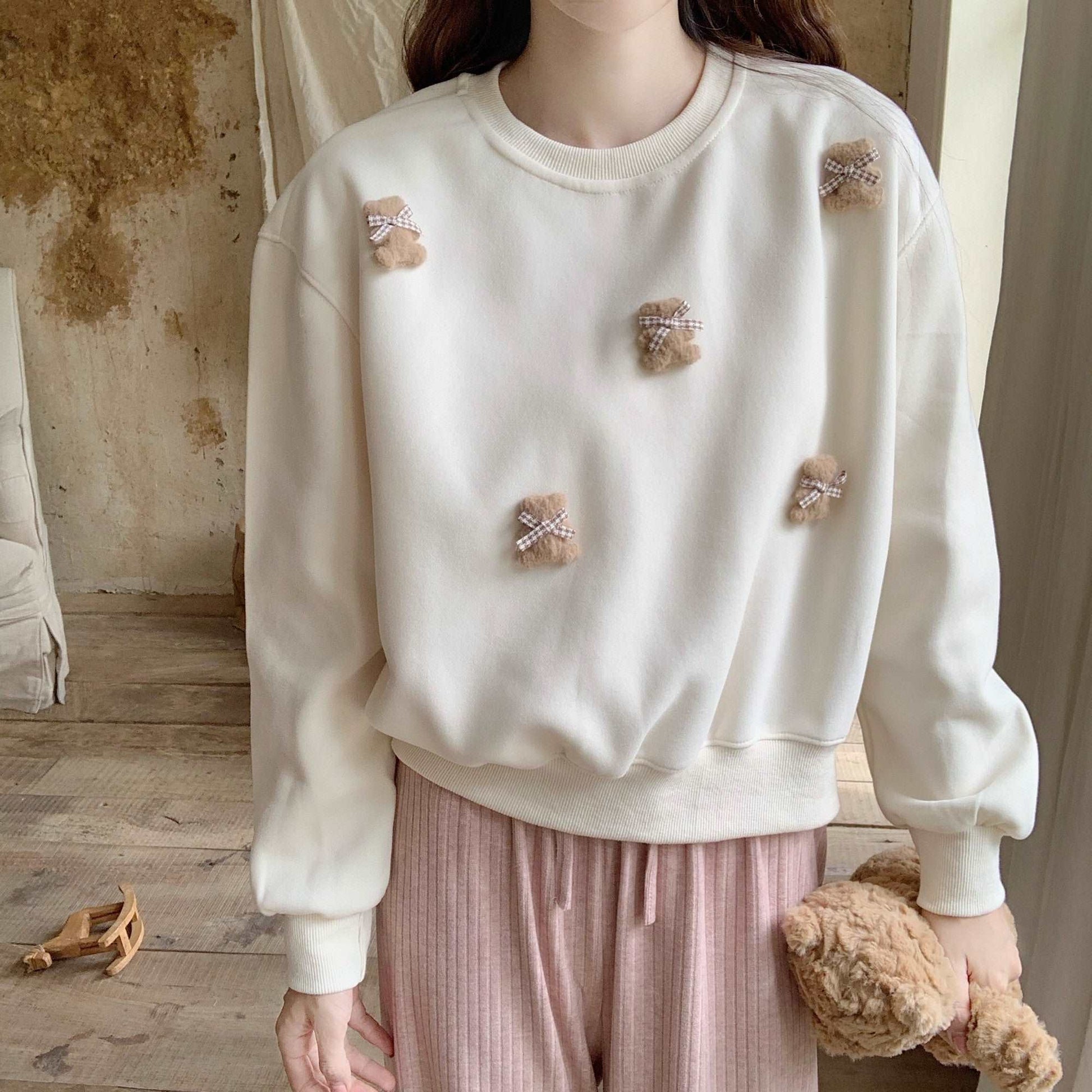 3D Teddy Bear Autumn Pullover Red Cream Sweater