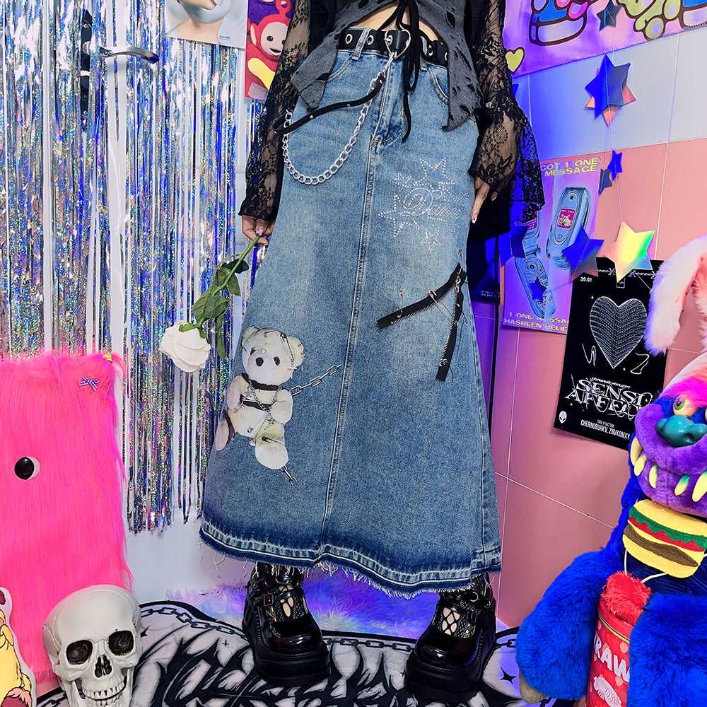 American Bear Chain Street Hiphop Style Trendy Y2K Hot Girl Fashion Mid-length Denim Skirt