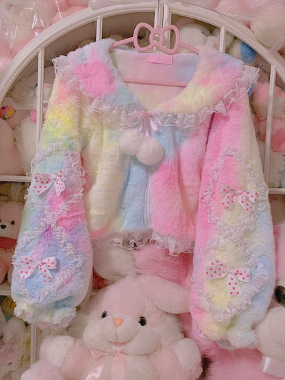 Rainbow Ice Cream Colorful Japanese Girl Princess Sailor Collar Bow Ruffled Plush Fur Coat Jacket