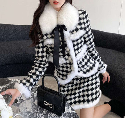 Classic Women French European Autumn Fall Winter Fashion Luxury Houndstooth Fur Collar White Black Pattern Jacket Two piece Skirt