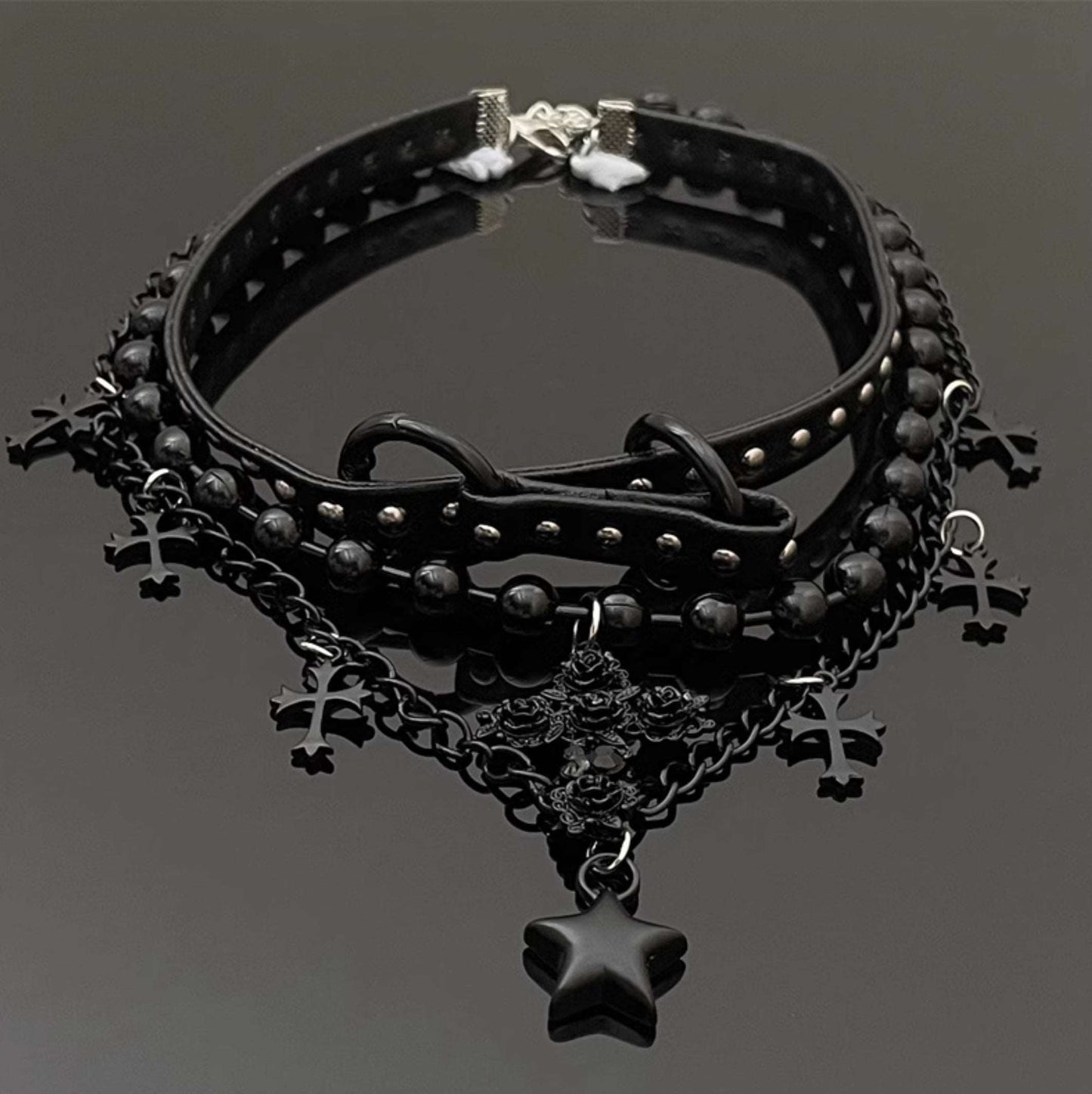 Black Gothic EGL Cross Star Double Layer Beaded Leather Necklace