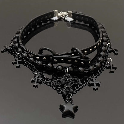 Black Gothic EGL Cross Star Double Layer Beaded Leather Necklace