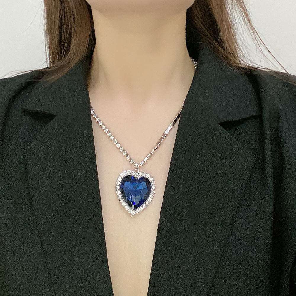 Deep Sea Ocean Blue Love Heart Sapphire Diamond Silver Chain Luxury European French Rhinestone Gemstone Pendant Necklace