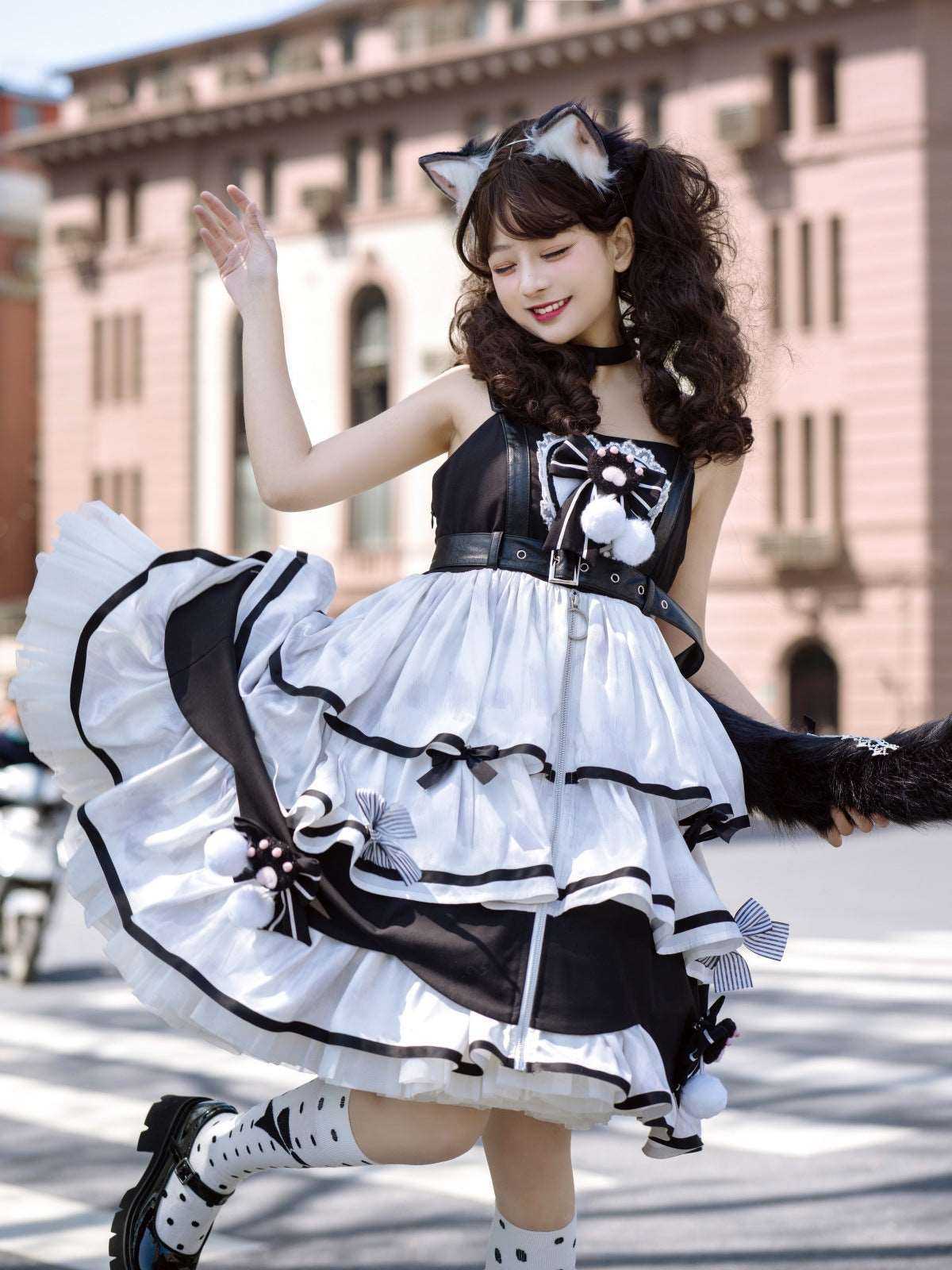 Black & White Cat Paw Maid Outfit Strap Dress Belt Collar Three Piece Set