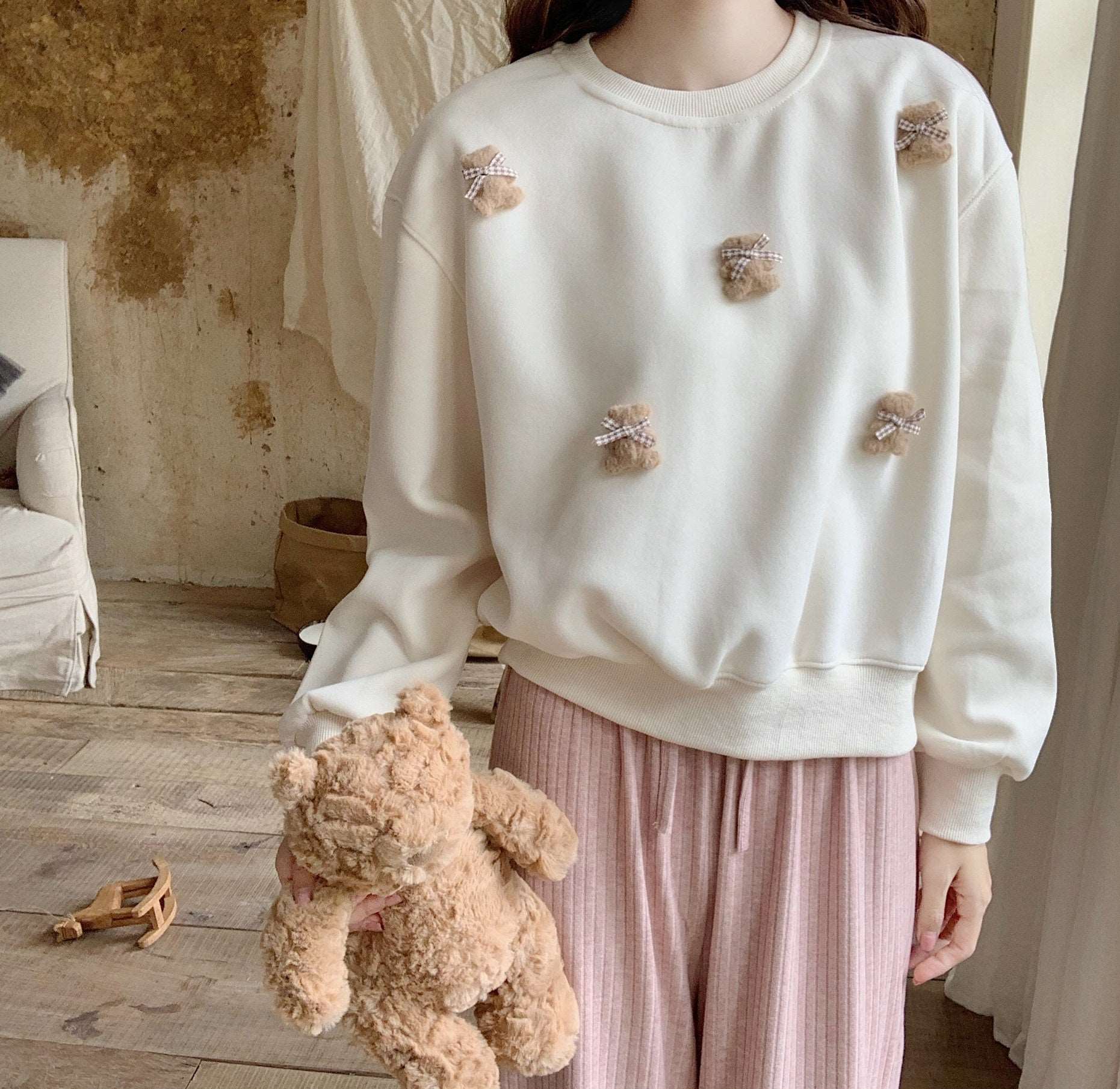 3D Teddy Bear Autumn Pullover Sweatshirt Red Cream Sweater