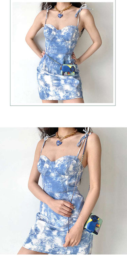 Blue Sky Cloud Tie-Dye Denim Bustier Dress