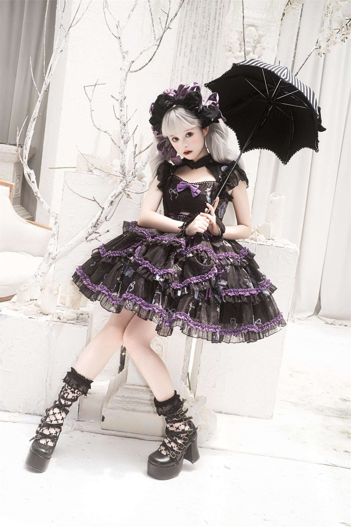 Black & White Violet Purple Rose Goth Girl Gothic Bow Lace Ruffled Layer Dress