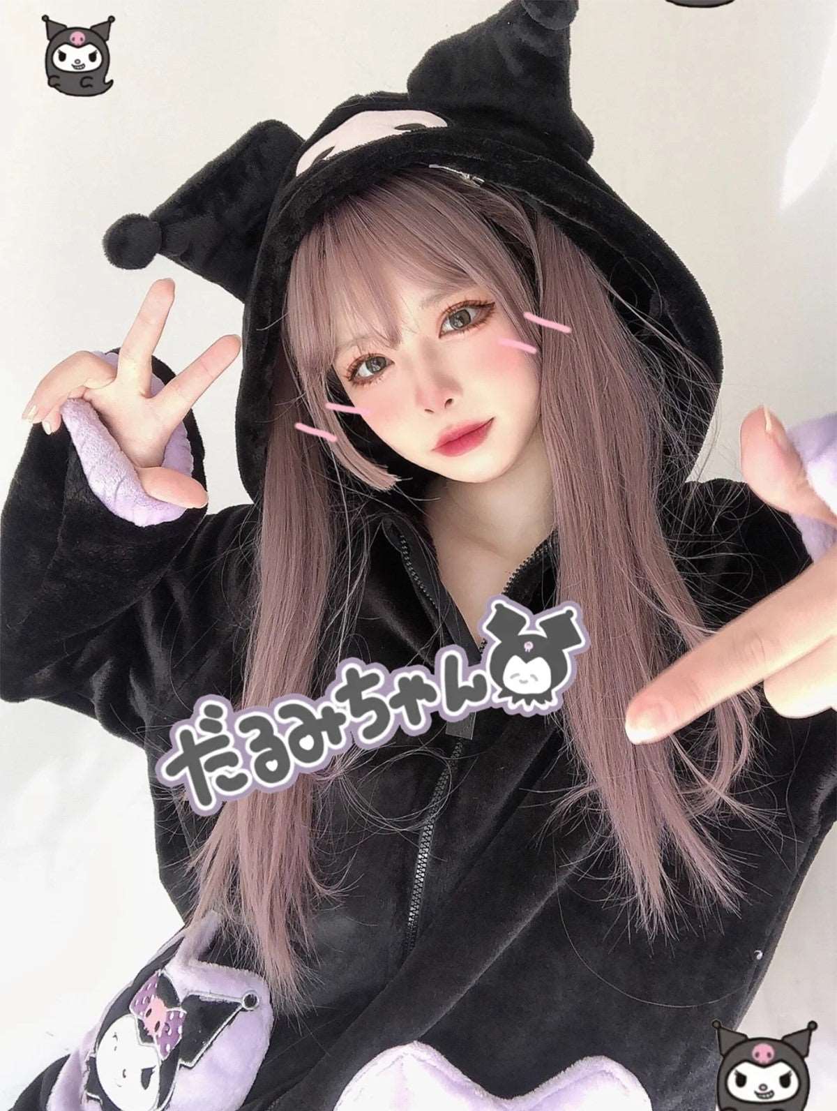 Black Purple Devil Cartoon Plush Flannel Winter Pajamas Hoodie Top & Pants Two Piece