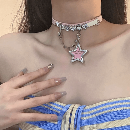 Diamond Cross Decorated Pink White Star & Heart Y2K Hot Girl Choker Necklaces