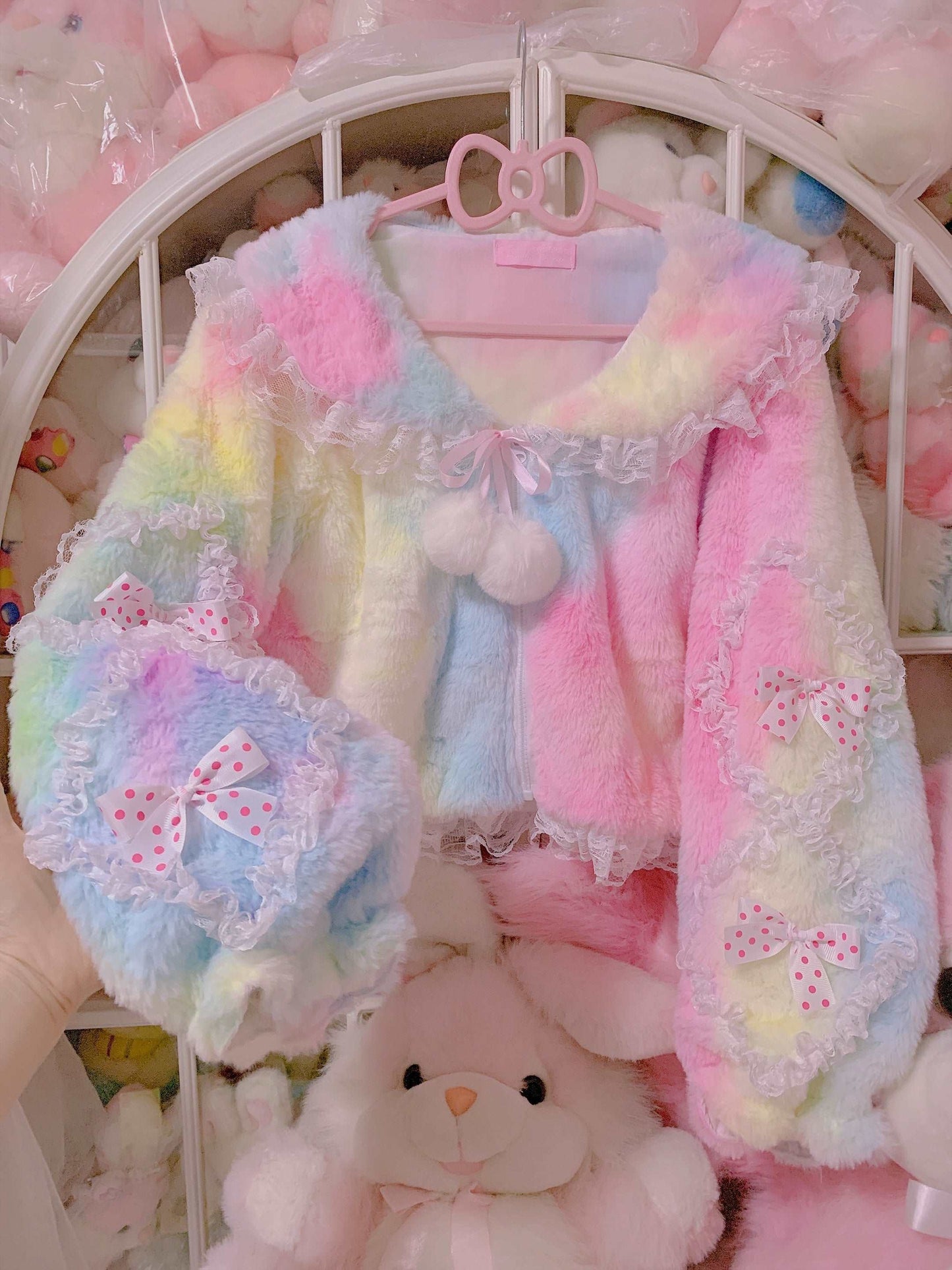 Rainbow Ice Cream Colorful Japanese Girl Princess Sailor Collar Bow Ruffled Plush Fur Coat Jacket