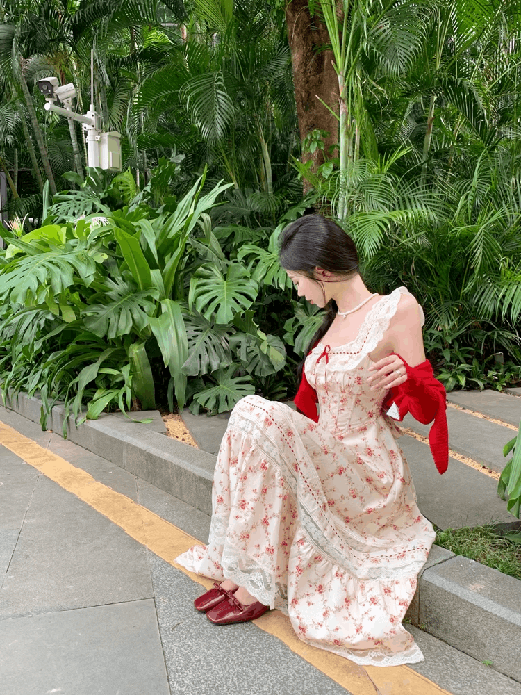 Beige Red Floral Print Long Sundress Summer Dress & Red Cardigan Two Piece Set