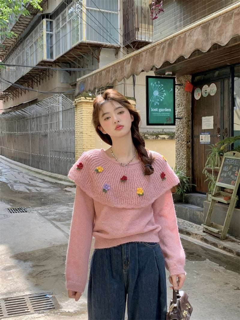 Autumn 3D Flower Cottagcore Vintage Embroidery Knitted White Pink Sweater