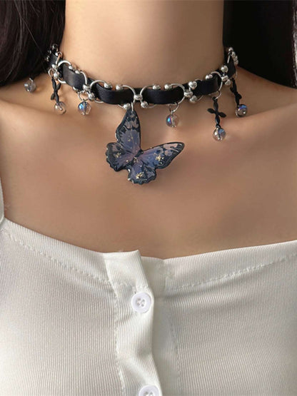 Blue Butterfly Pendant Black PU Leather Choker Necklace