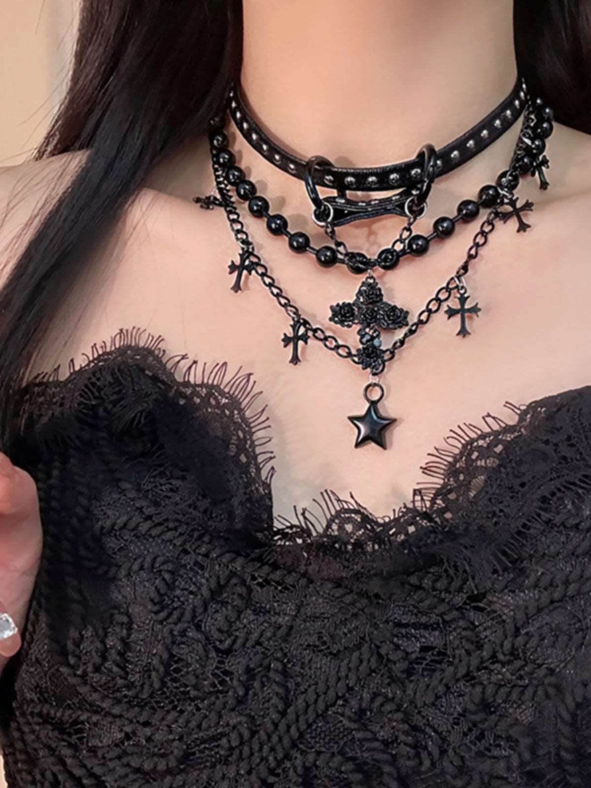 Black Gothic EGL Cross Star Double Layer Beaded Leather Necklace