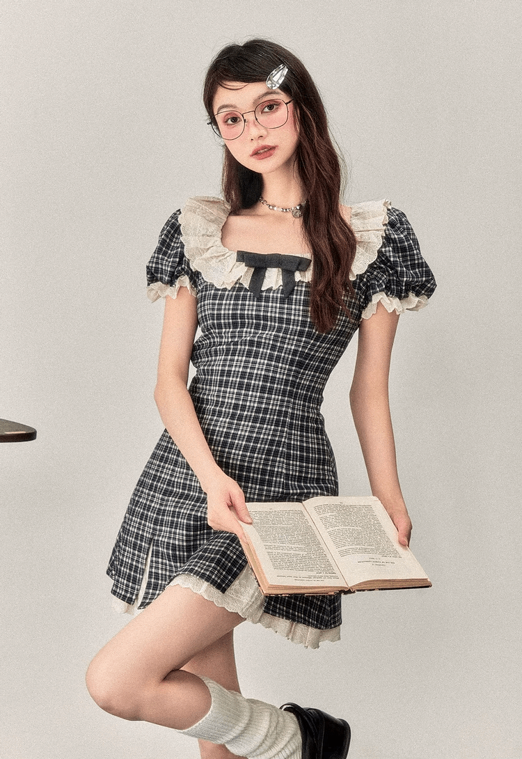 Classic Retro Plaid Black White Bow Lace Spring Summer Puff Sleeve Dress