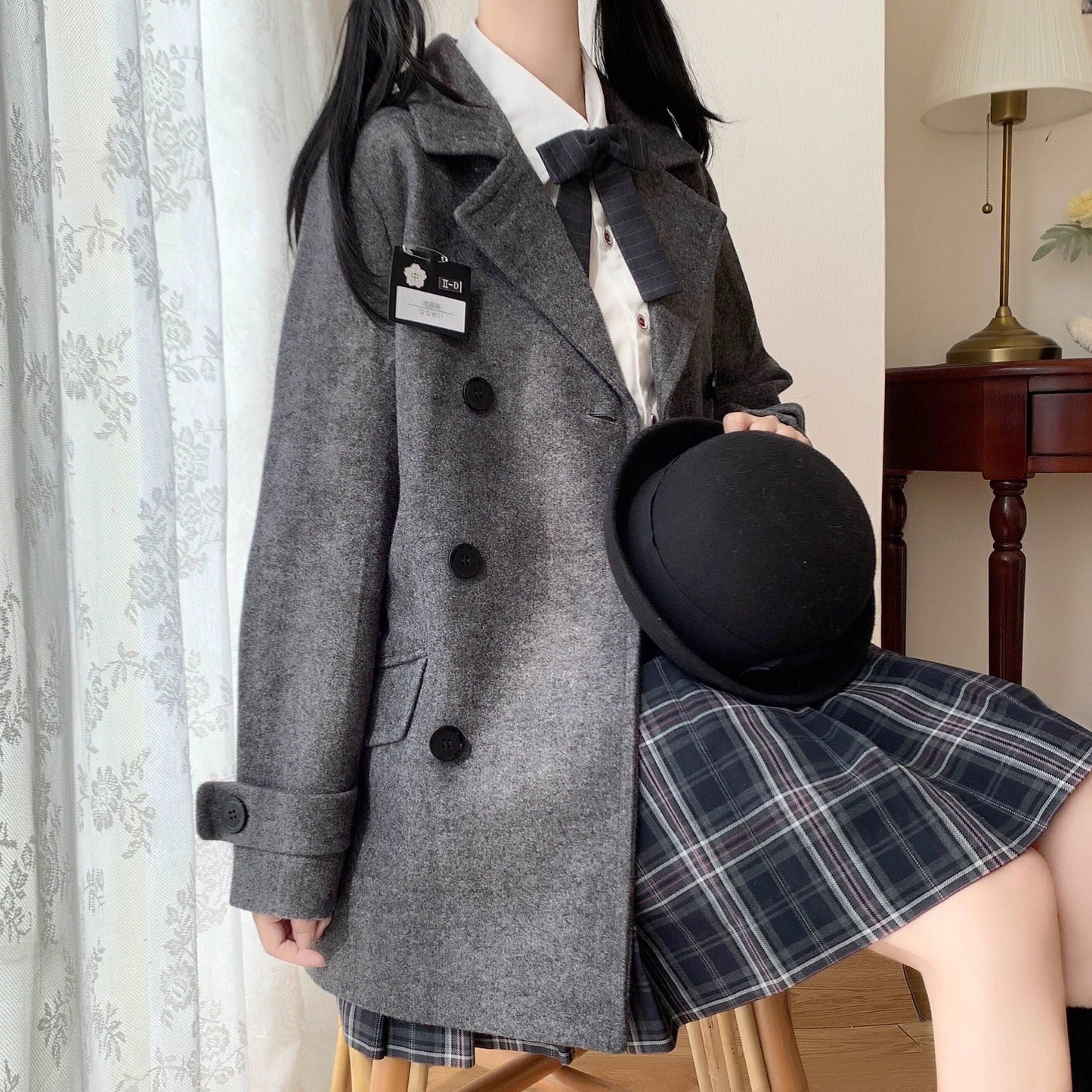 Japanese Student Style Women Autumn Winter Warm Black Navy Blue Thick Velvet Wool Long Suit Coat