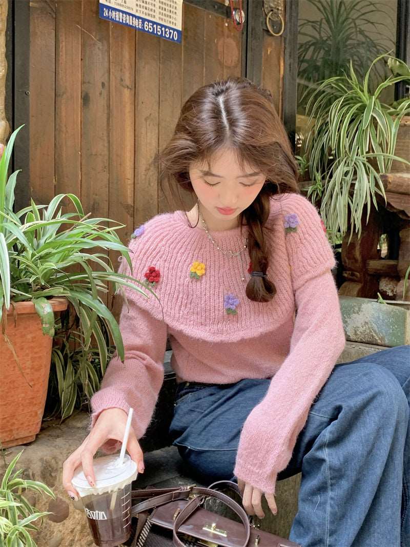 Autumn 3D Flower Cottagcore Vintage Embroidery Knitted White Pink Sweater