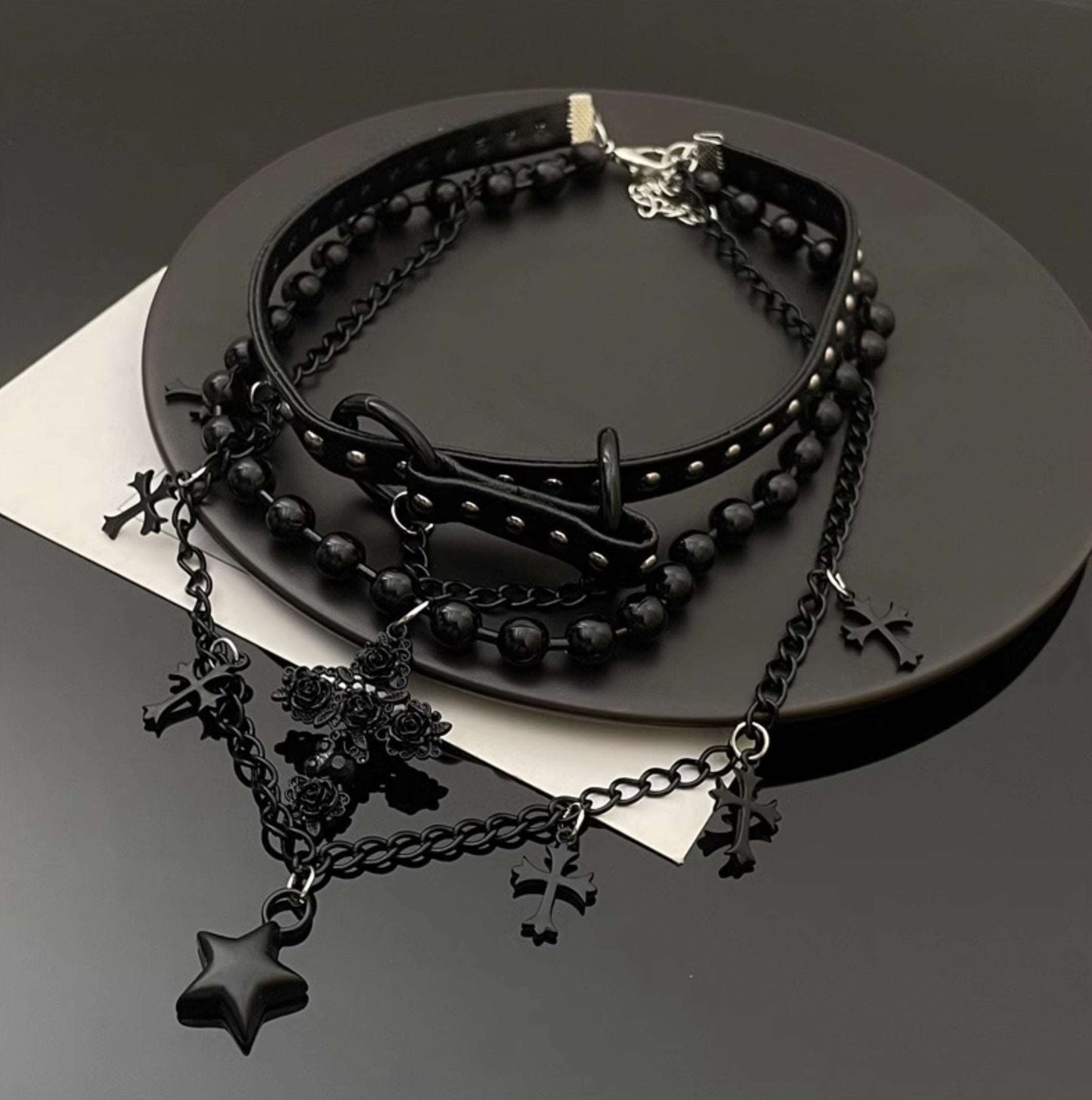 Black Gothic EGL Cross Star Double Layer Beaded Leather Necklace