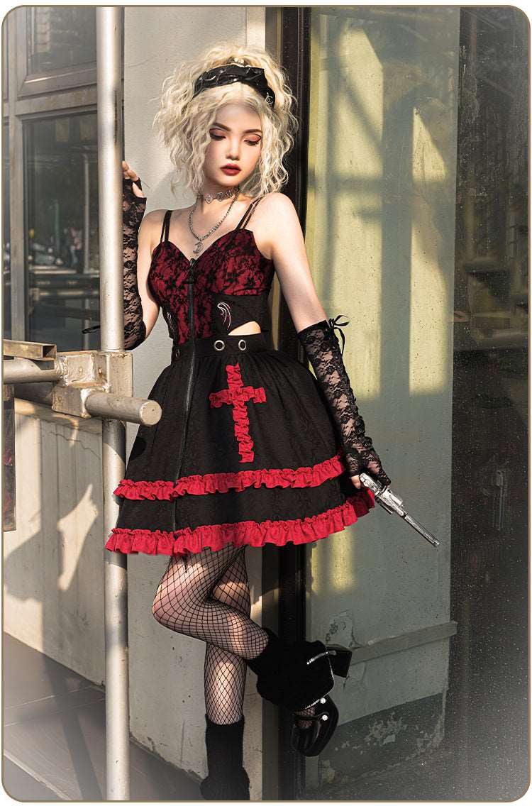 Black Velvet Devil Angel Gothic Fashion Goth Girl Strap Lace Gothic Dress Vest Sleeves Set