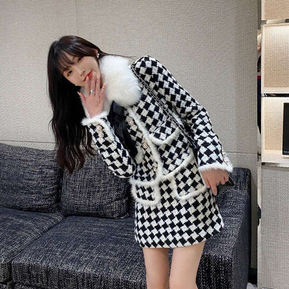 Classic Women French European Autumn Fall Winter Fashion Luxury Houndstooth Fur Collar White Black Pattern Jacket Two piece Skirt