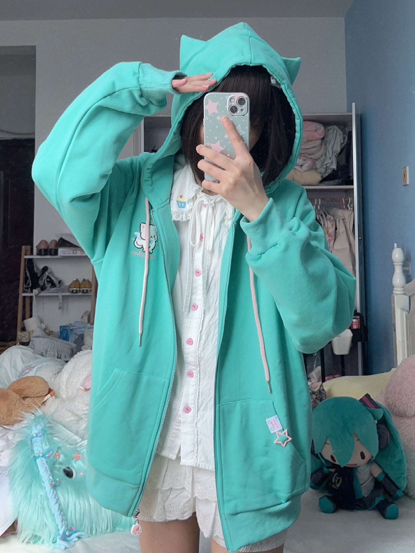 Angel Wings Meow Mint Green Cute Cat Ears Hoodie Jacket