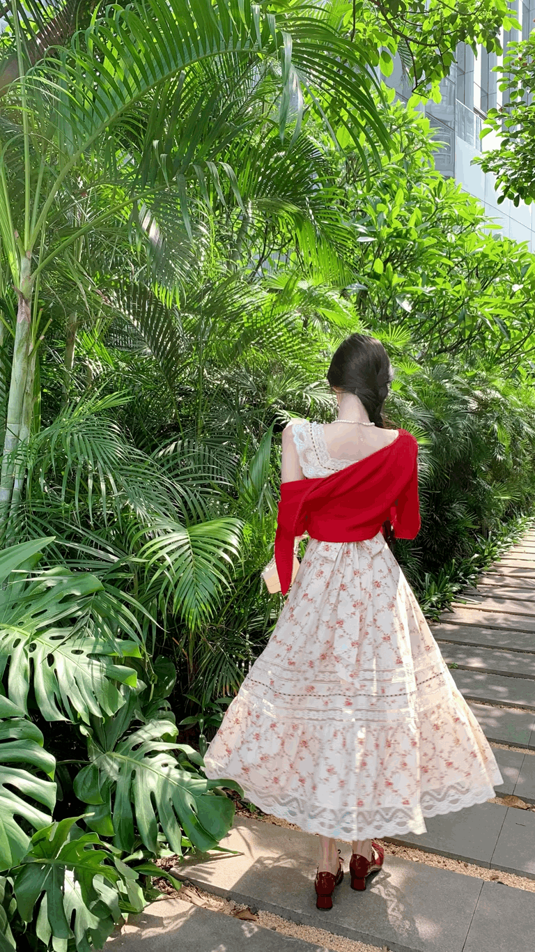 Beige Red Floral Print Long Sundress Summer Dress & Red Cardigan Two Piece Set