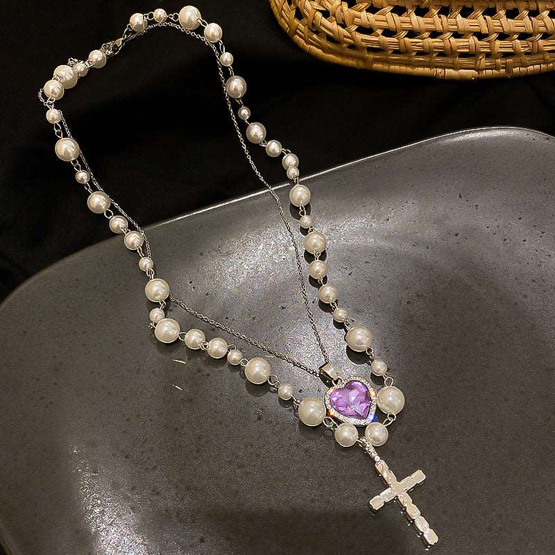 European French Double Layered Cross Love Heart Pearl Violet Purple Gemstone Pendant Necklace