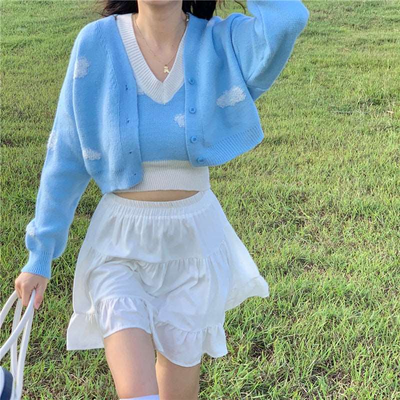 Autumn Winter Soft Girl Aesthetics Pastel Blue Cloud Knitted Embroidery Vest Tops & Cardigan Sweaters Two piece Set