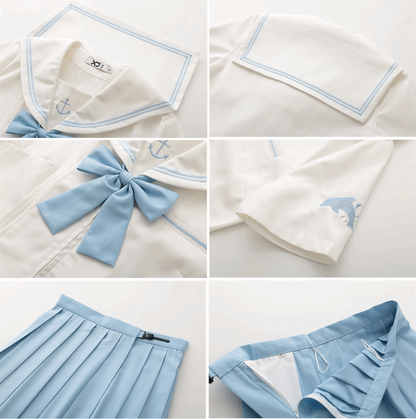 Blue Dolphin Japanese Student Sailor Uniform Seifuku Shirt Skirt Set