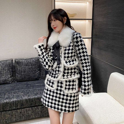 Classic Women French European Autumn Fall Winter Fashion Luxury Houndstooth Fur Collar White Black Pattern Jacket Two piece Skirt