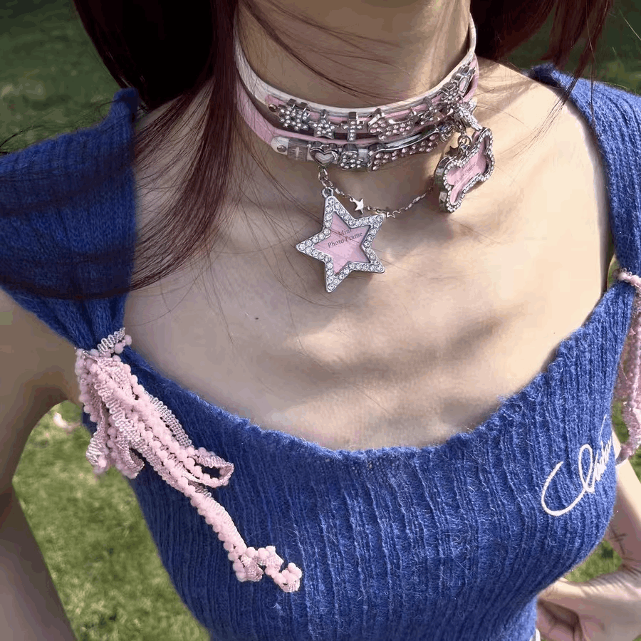 Diamond Cross Decorated Pink White Star & Heart Y2K Hot Girl Choker Necklaces