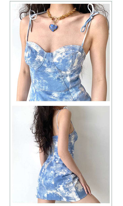 Blue Sky Cloud Tie-Dye Denim Bustier Dress