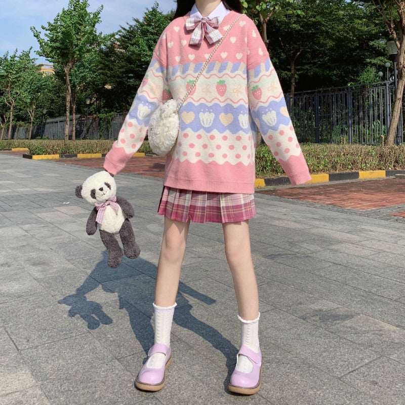 Japanese Cute Student Girl Autumn Fall Winter Warm Strawberry Heart Pattern Embroidery Blue Cream Pastel Stripe Long Sleeve Pink Sweater