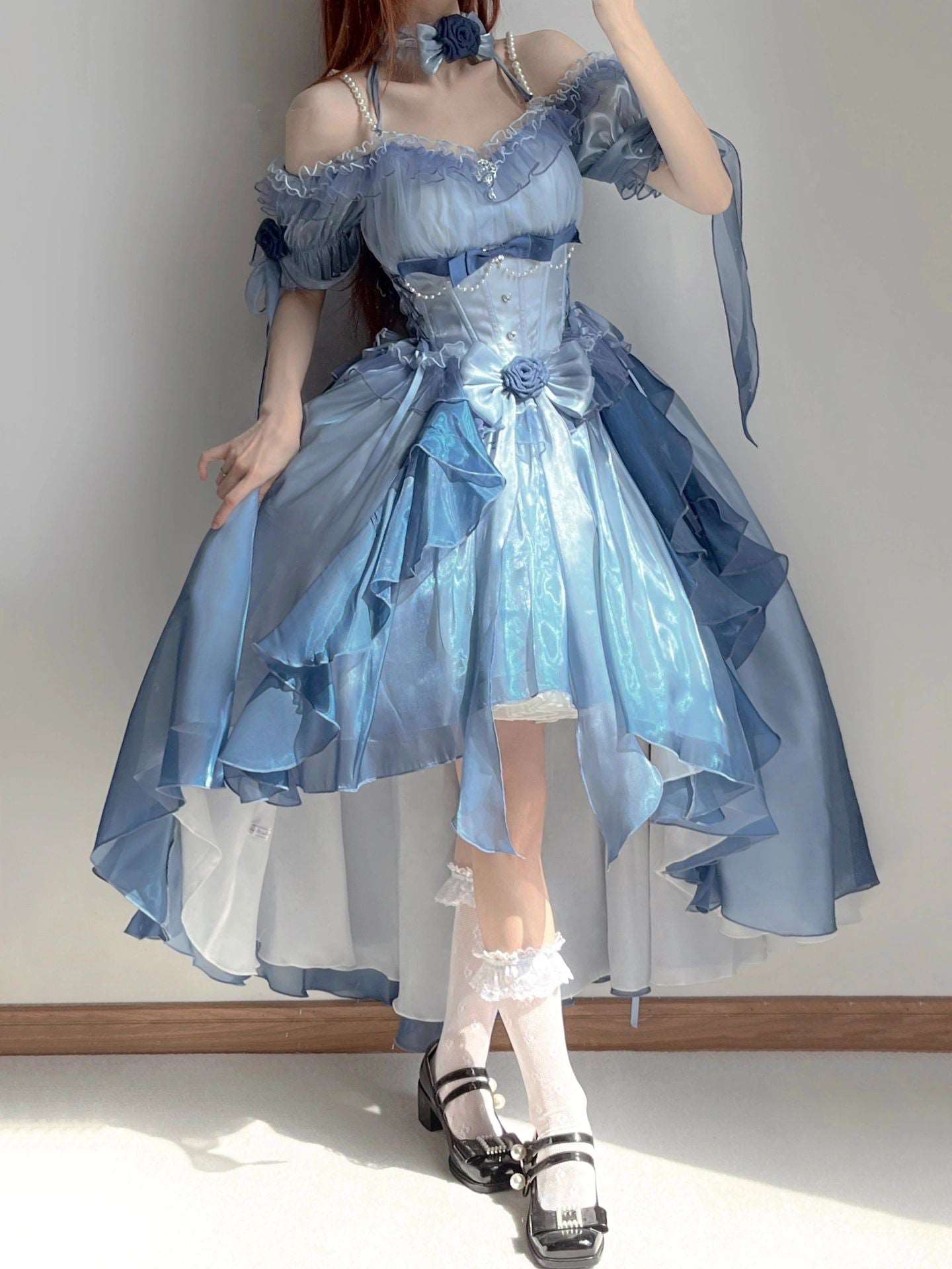 Blue Rose Pearl Decorated Princess Ruffled Bow Layered Elegant Wedding Prom Evening Dress