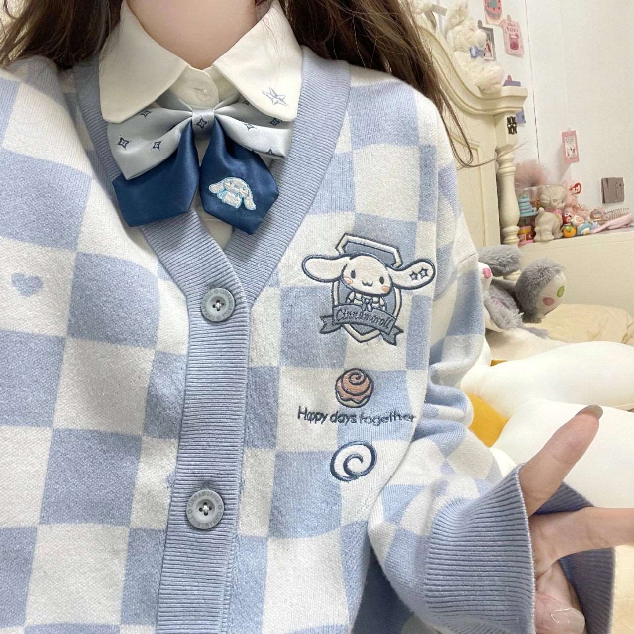 Cute Japanese Student School Uniform Knitted Cartoon Checkerboard Pattern Soft Girl Aesthetics Sweaters Cardigan